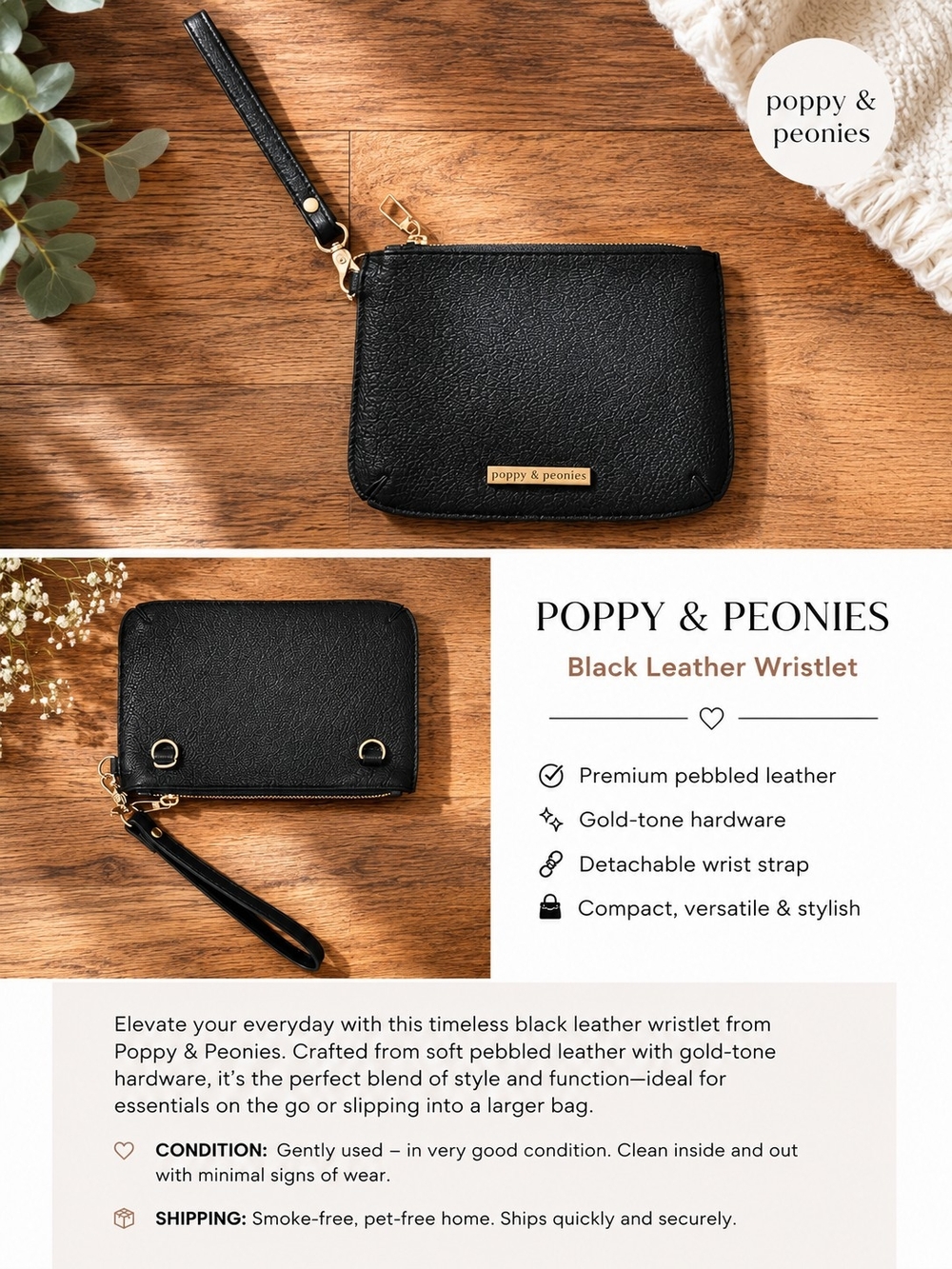 Poppy & Peonies Black Pebbled Leather Wristlet with Gold Hardware